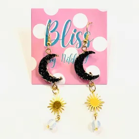 Black Druzy Moon and Starburst Statement Earrings