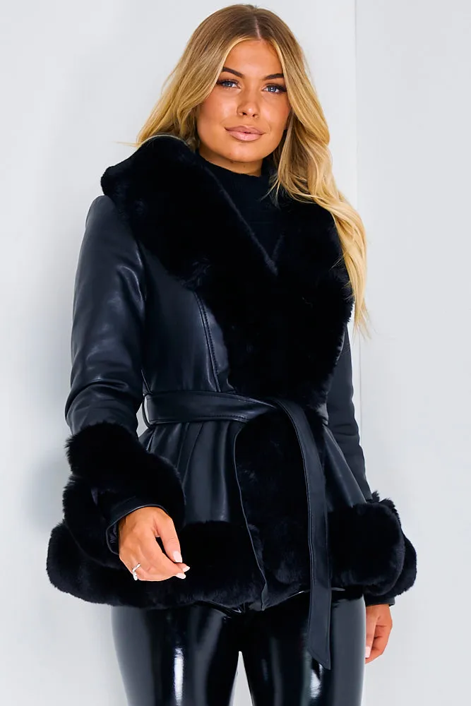 Black Faux Leather Fur Hem Tie Waist Coat