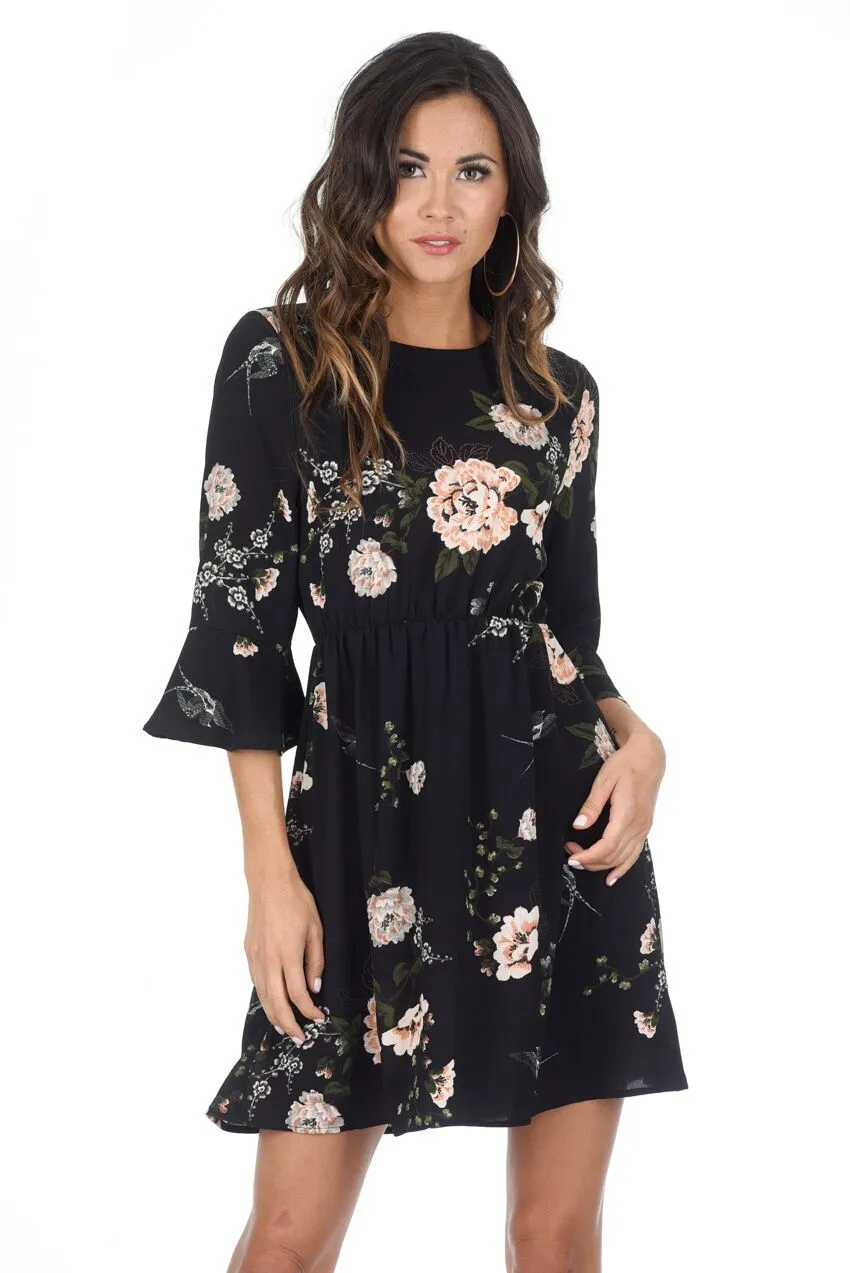 Black Floral Frill Throw On Dress