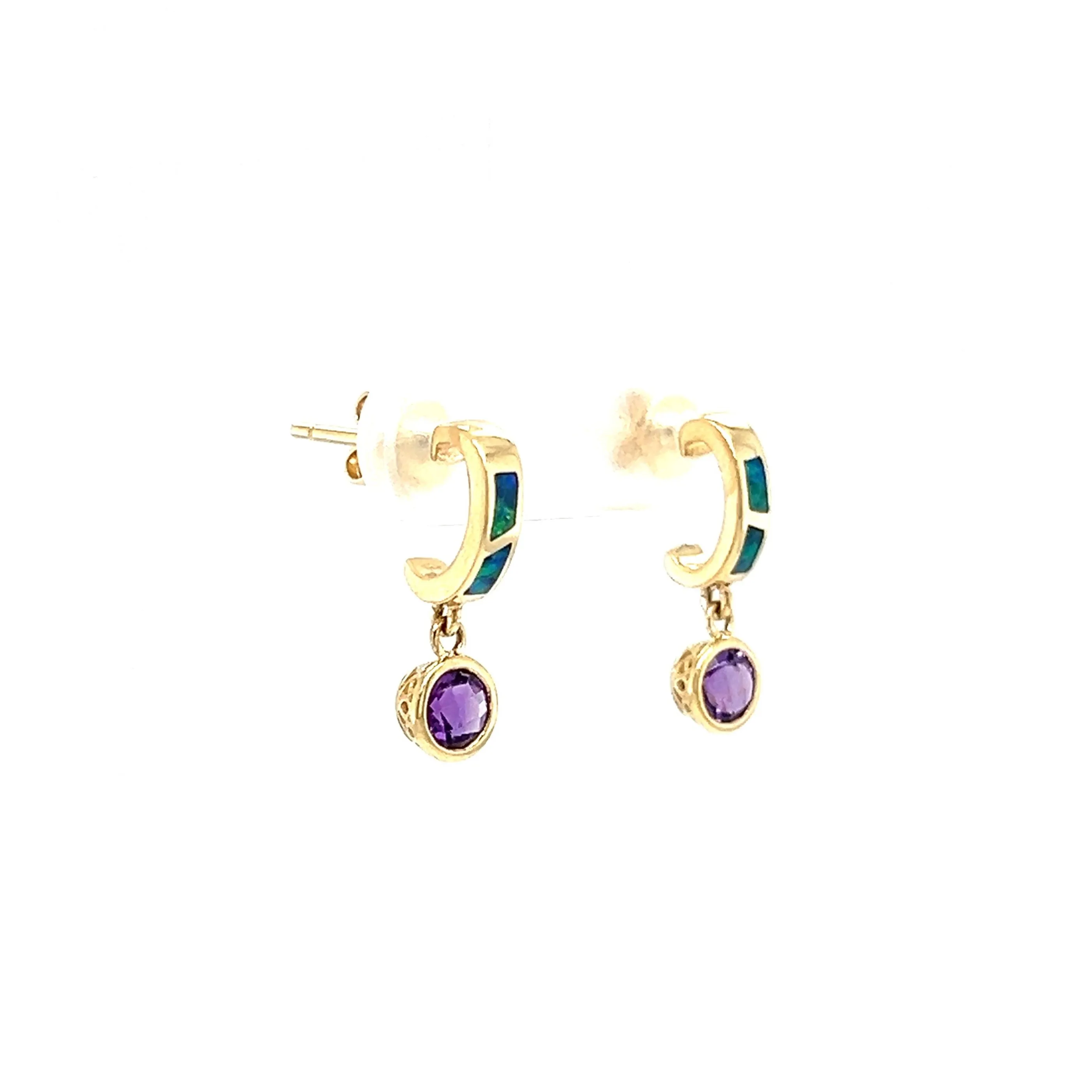 Black Opal C-Hoop Earrings with 0.5ctw of Amethyst in 14K Yellow Gold