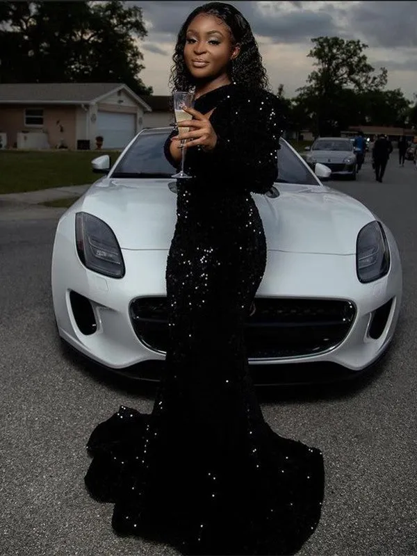 Black Sheath One Shoulder Long Sleeves Long Sweep Train Velvet Sequin Prom Dress (AF1073)