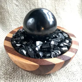 Black Shungite Sphere with Elite Shungite in Wood Bowl