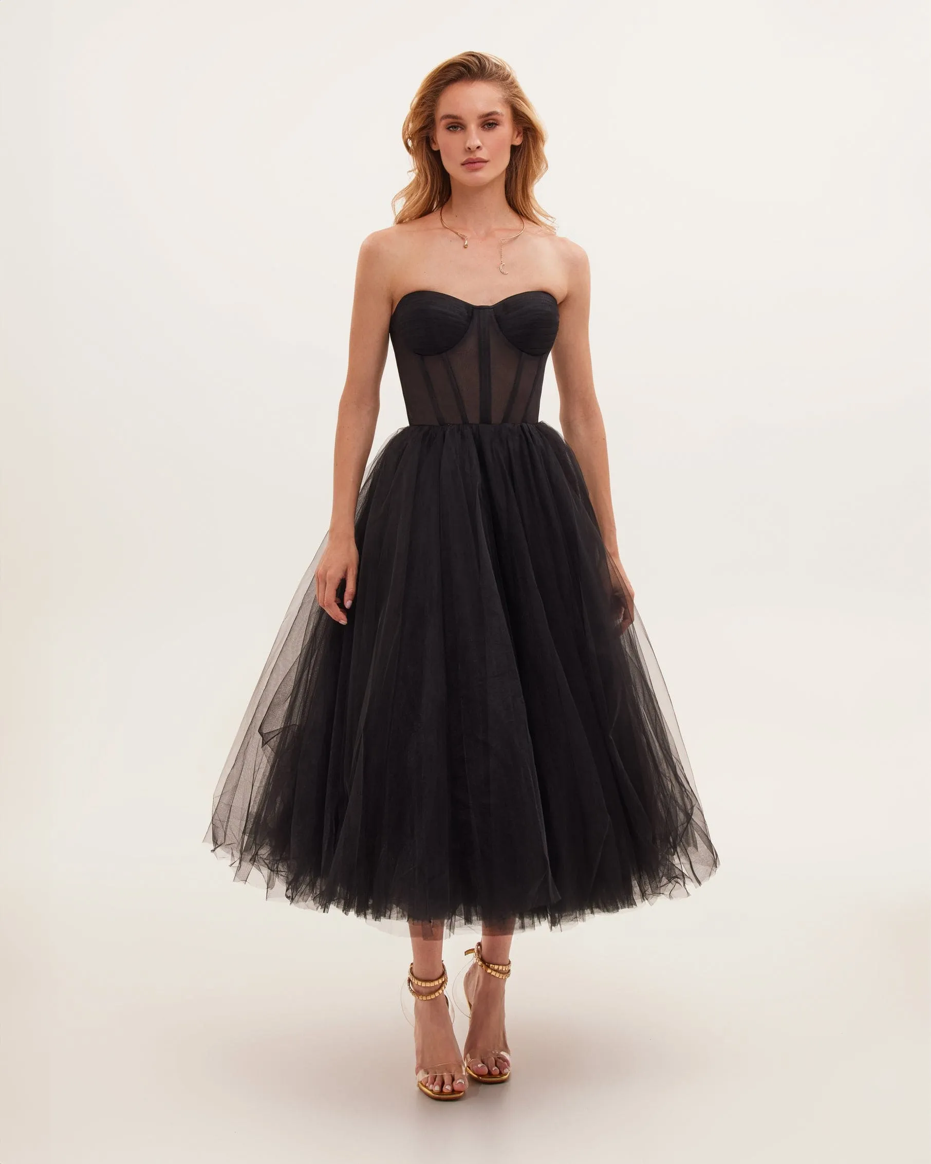 Black Strapless Puffy Midi Tulle Dress