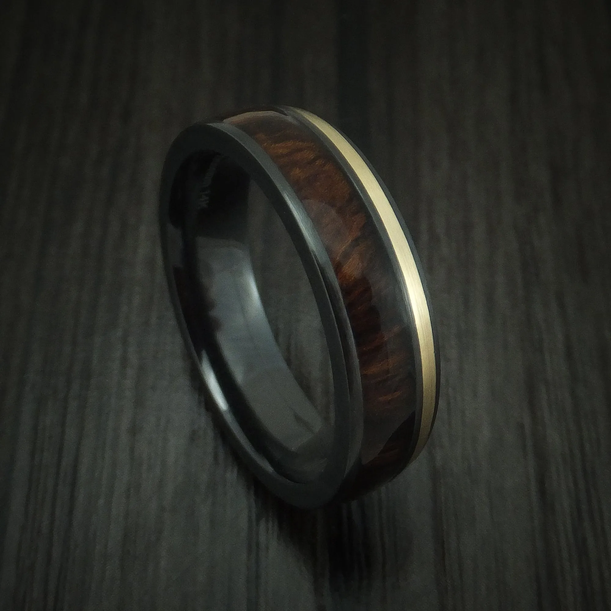 Black Zirconium and Gold Men's Ring with Hardwood Inlay Custom Made