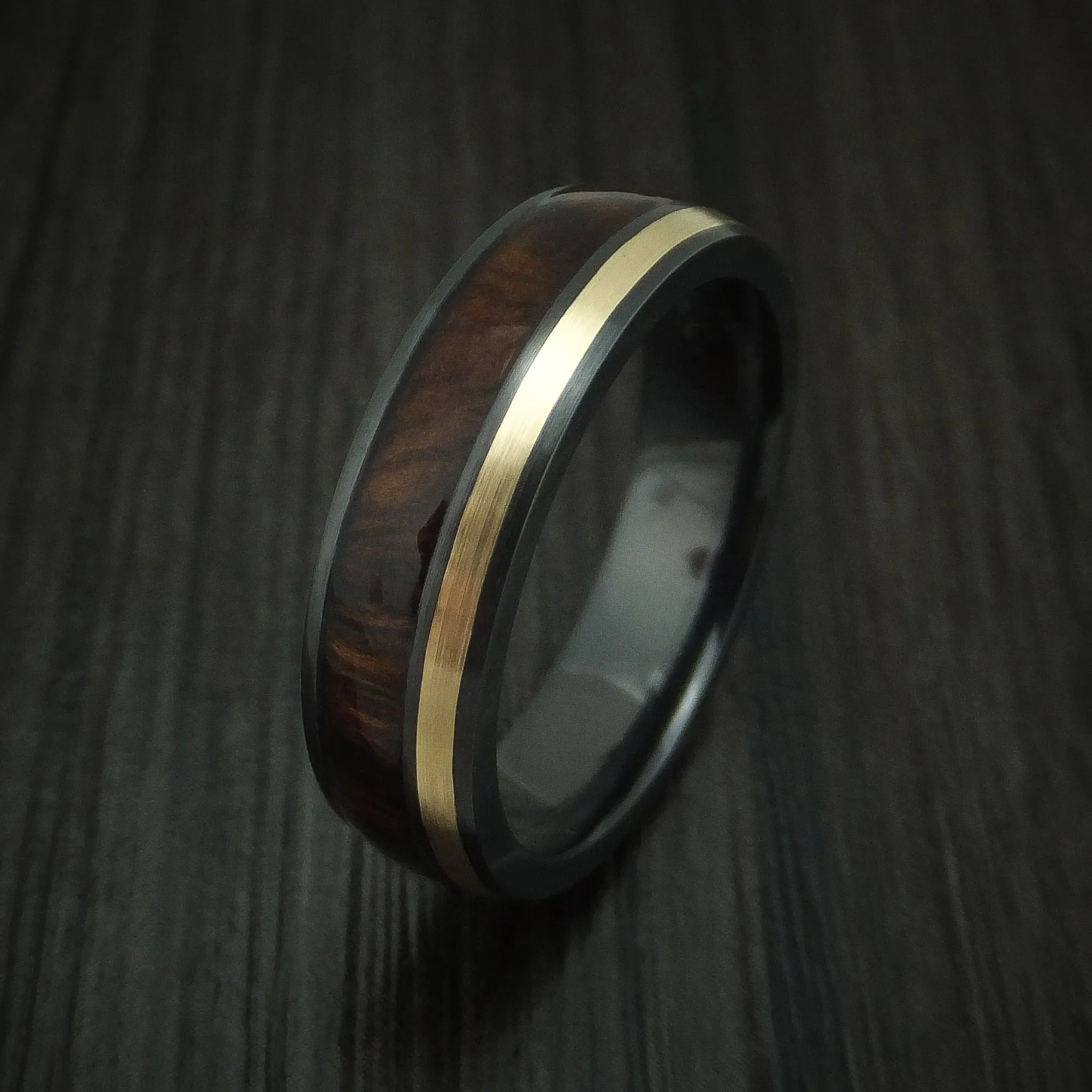 Black Zirconium and Gold Men's Ring with Hardwood Inlay Custom Made