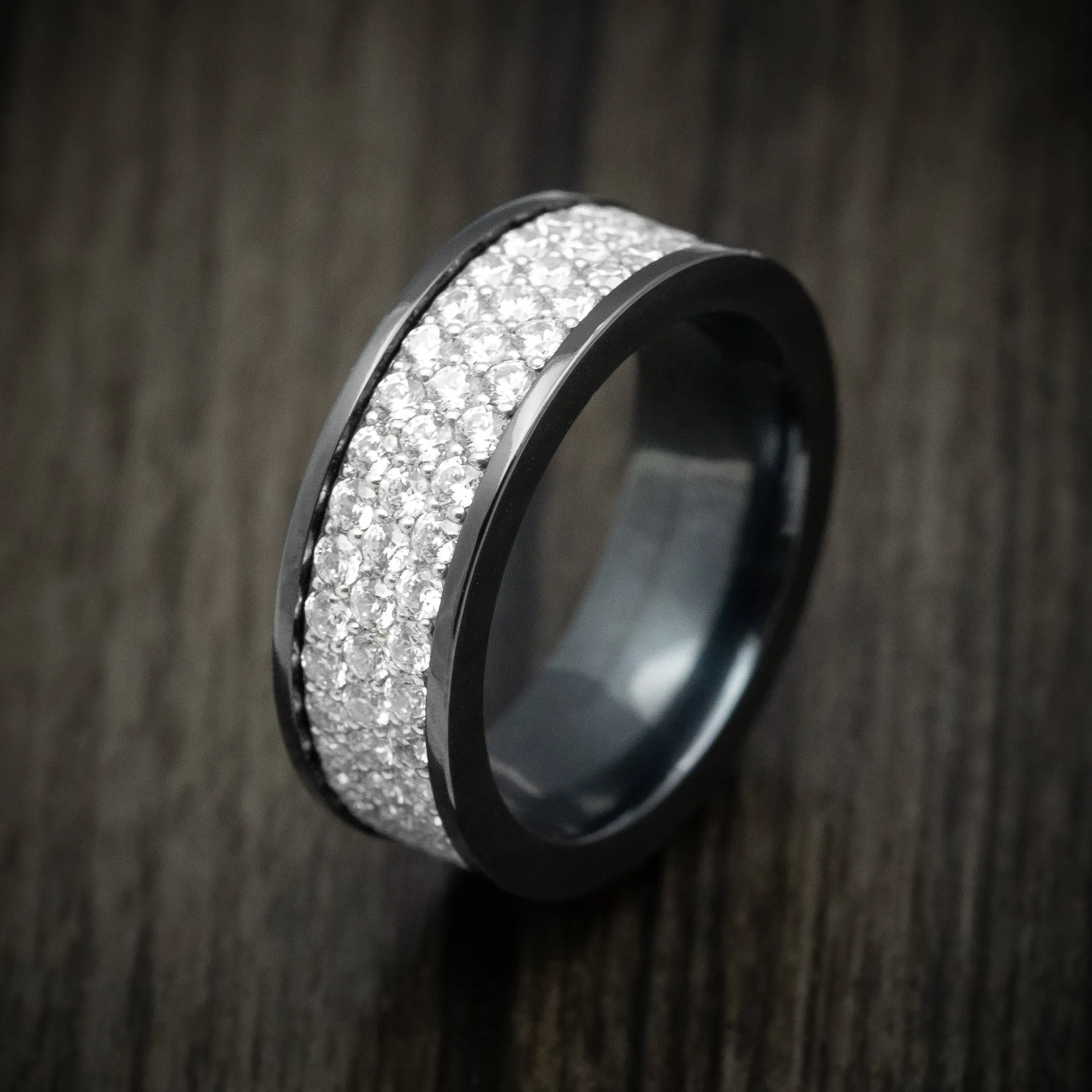 Black Zirconium and Lab Diamond Triple Eternity Men's Ring Custom Made Band