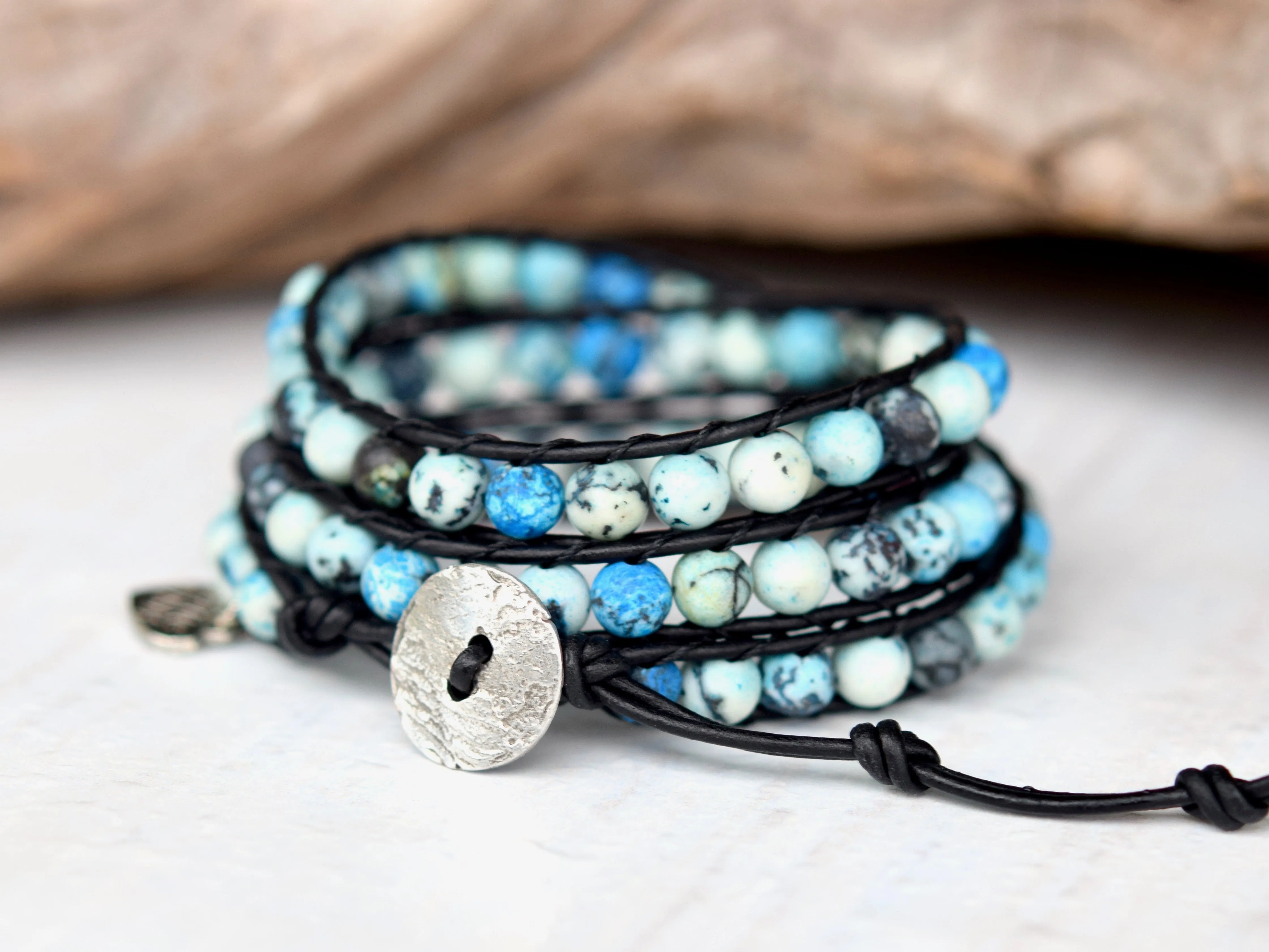 Blue & Black Jasper Beaded Wrap Bracelet ~ Choose Your Button Closure