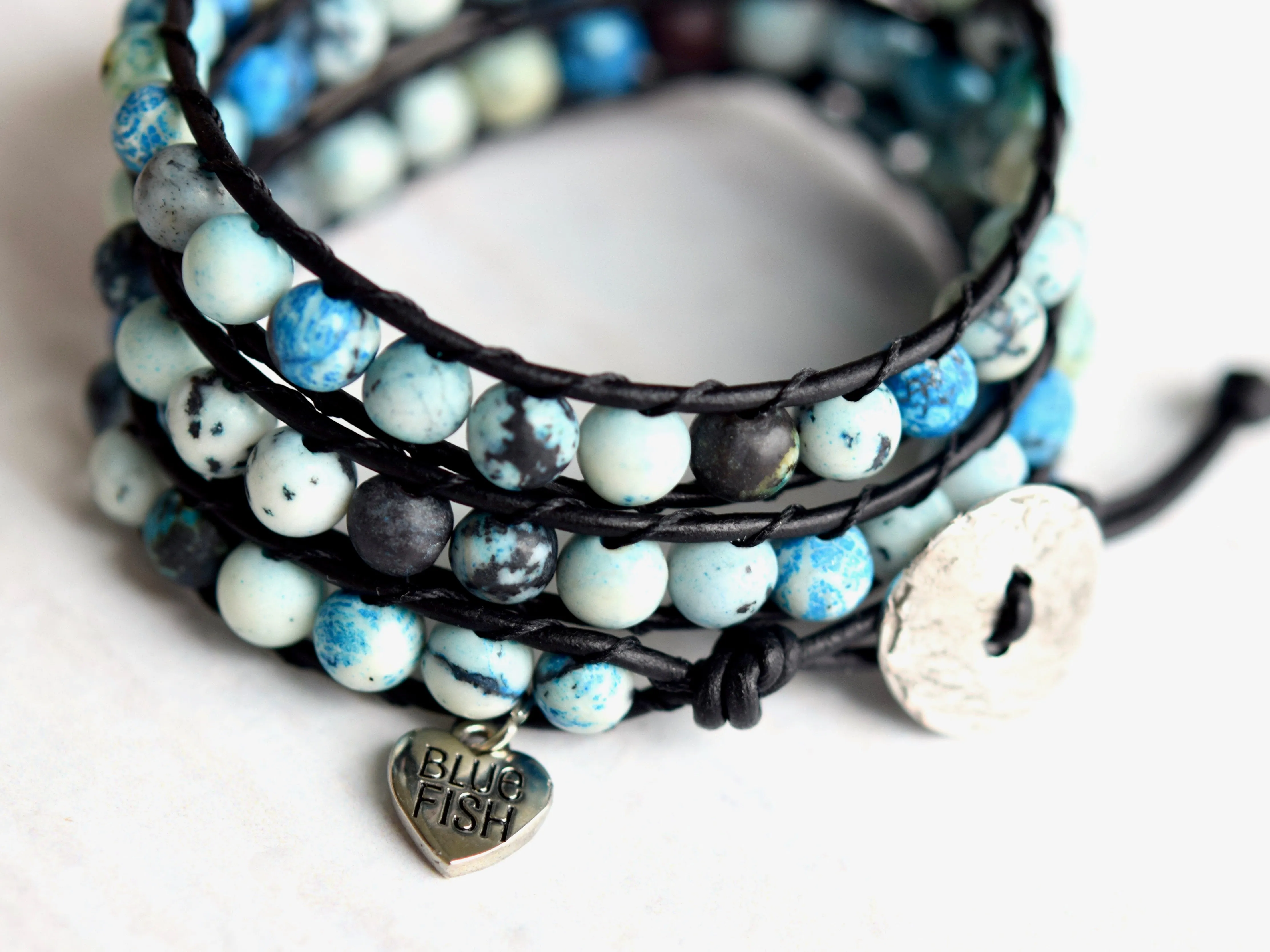 Blue & Black Jasper Beaded Wrap Bracelet ~ Choose Your Button Closure