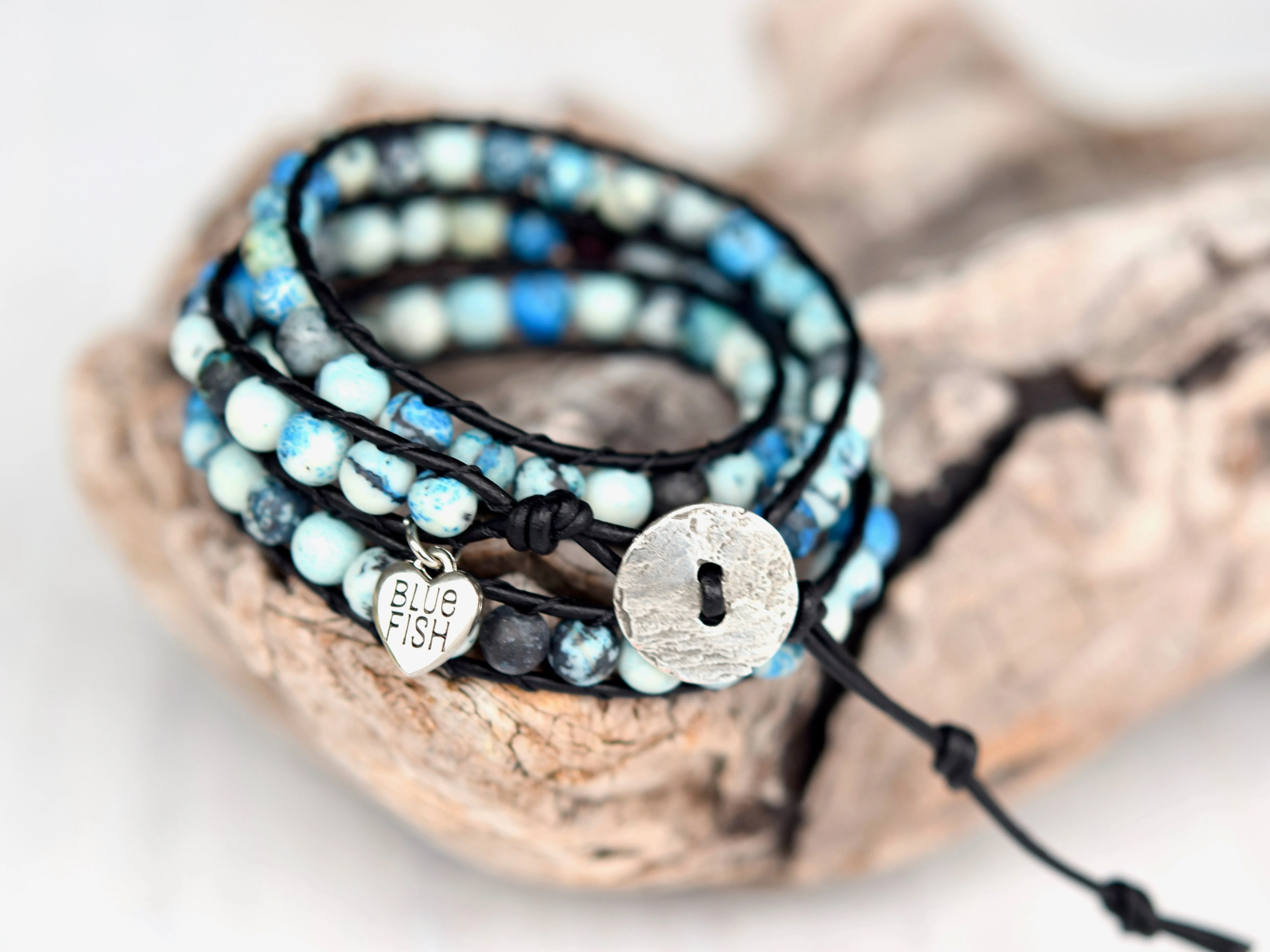 Blue & Black Jasper Beaded Wrap Bracelet ~ Choose Your Button Closure