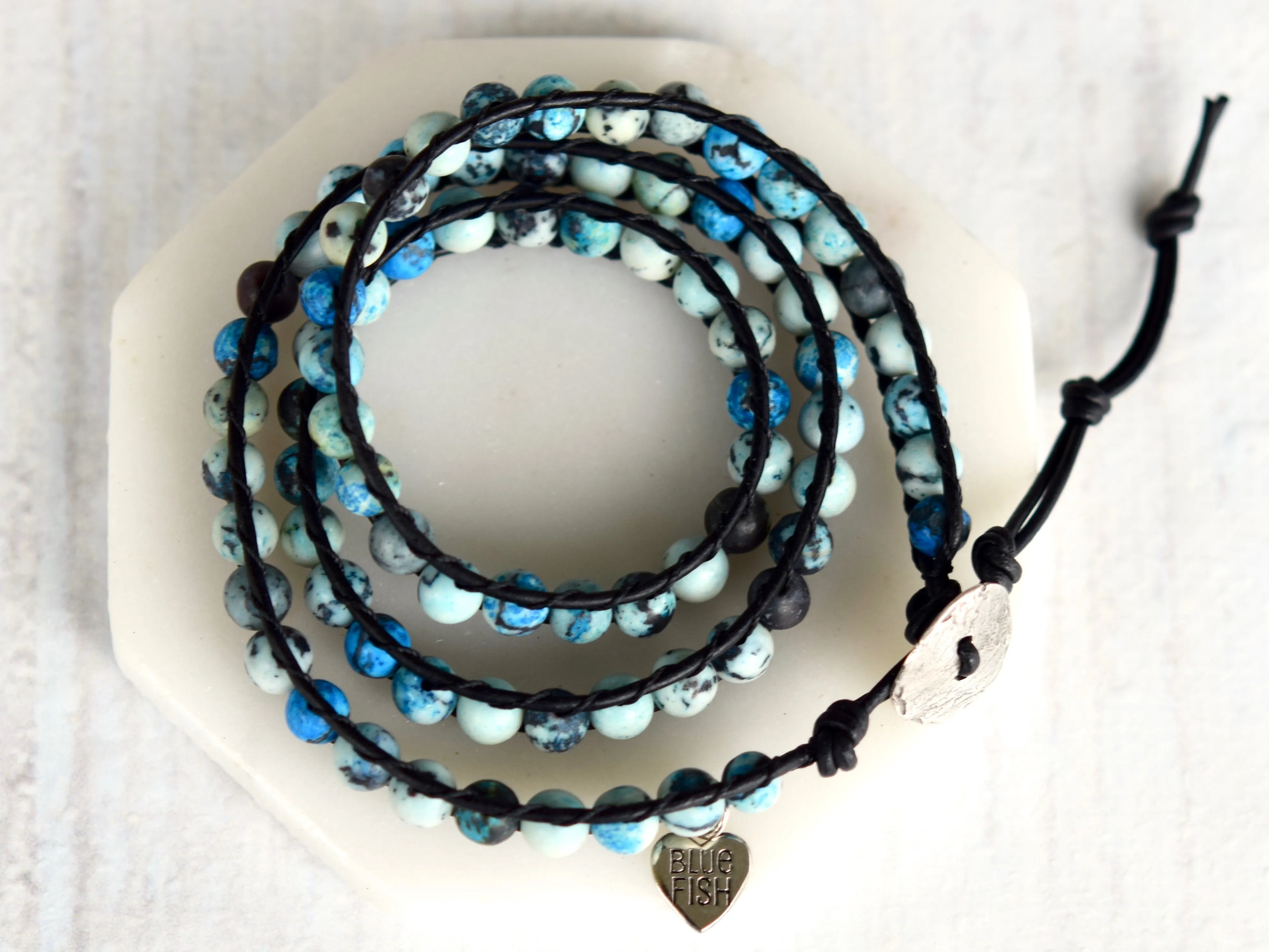 Blue & Black Jasper Beaded Wrap Bracelet ~ Choose Your Button Closure