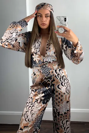 Brown Printed Satin Bandana and Jumpsuit 2 Piece Set