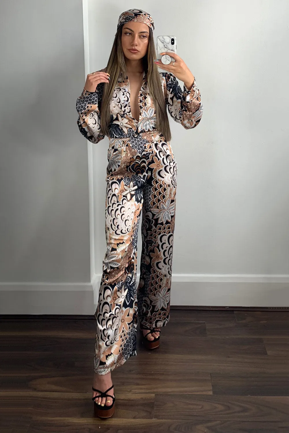 Brown Printed Satin Bandana and Jumpsuit 2 Piece Set