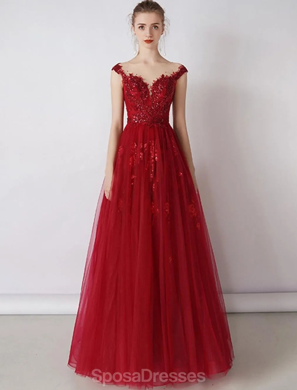 Cap Sleeves Red Beaded Sequin A-line Long Evening Prom Dresses, Evening Party Prom Dresses, 12326