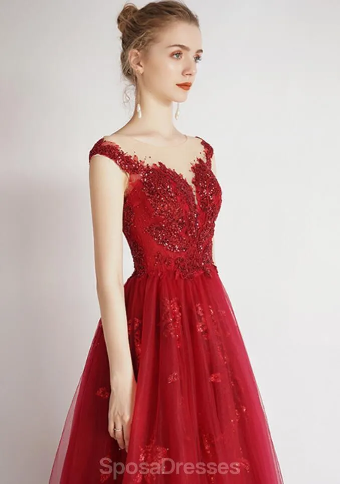 Cap Sleeves Red Beaded Sequin A-line Long Evening Prom Dresses, Evening Party Prom Dresses, 12326