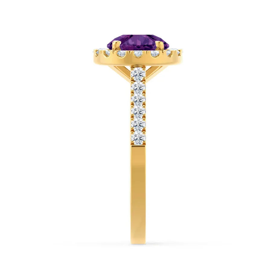 CECILY - Chatham® Lab Grown Alexandrite & Diamond 18k Yellow Gold Halo Ring