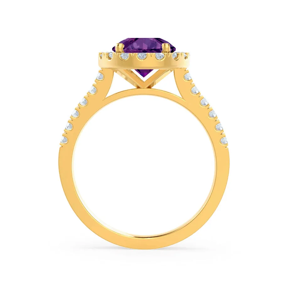 CECILY - Chatham® Lab Grown Alexandrite & Diamond 18k Yellow Gold Halo Ring