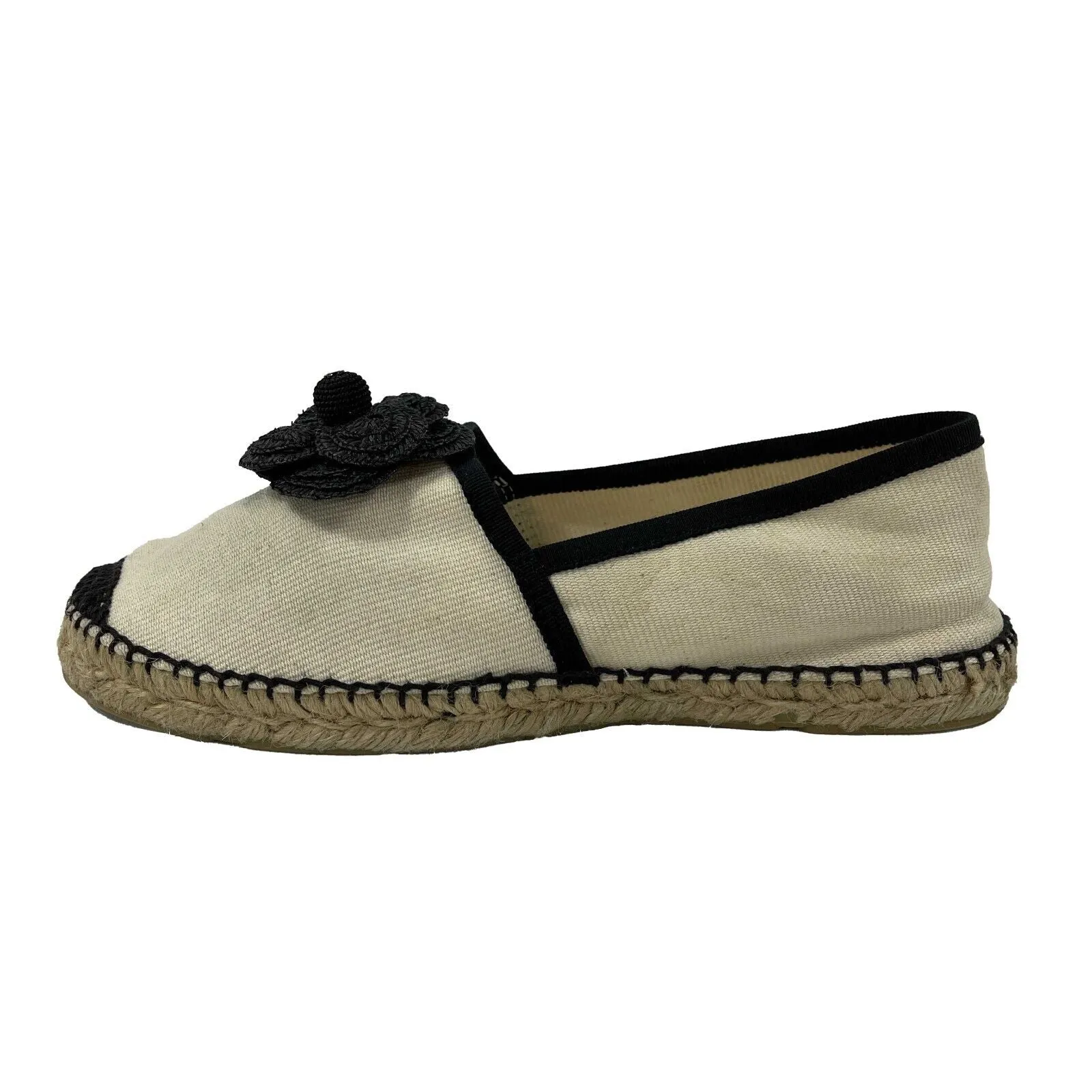 CHANEL - 10B Camellia Flower Espadrilles - Ivory, Black - 37- US 7