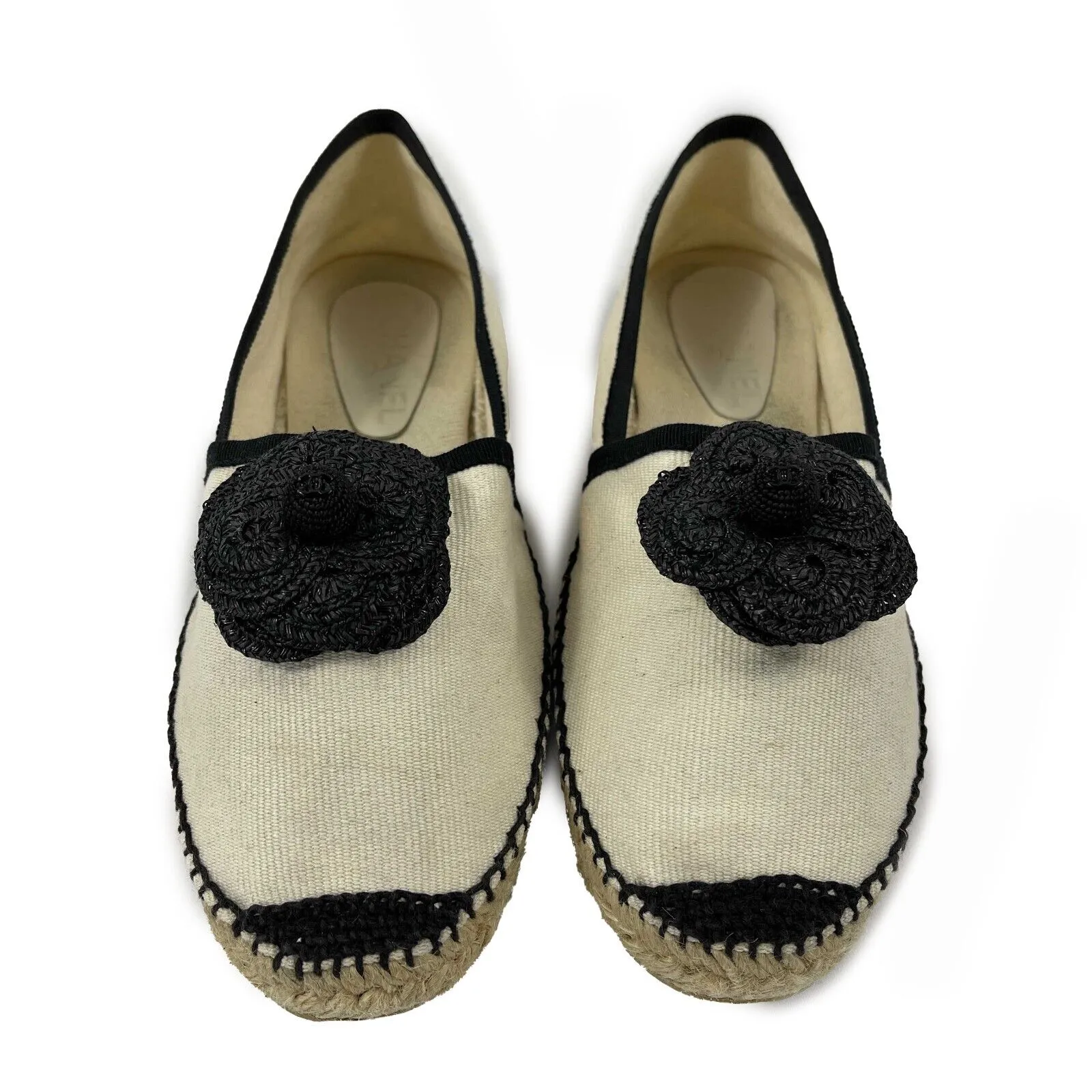 CHANEL - 10B Camellia Flower Espadrilles - Ivory, Black - 37- US 7