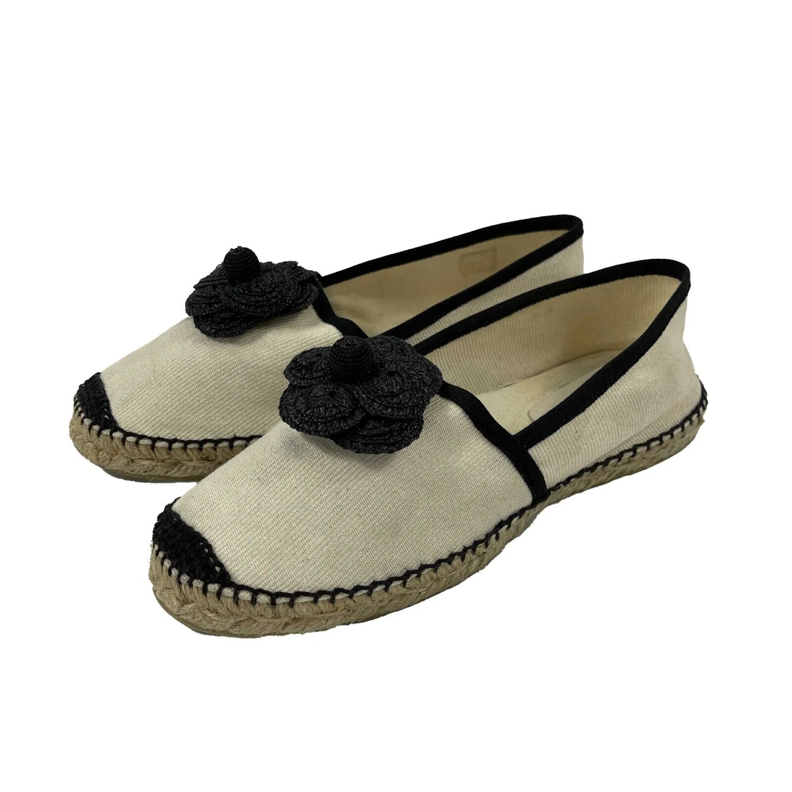 CHANEL - 10B Camellia Flower Espadrilles - Ivory, Black - 37- US 7