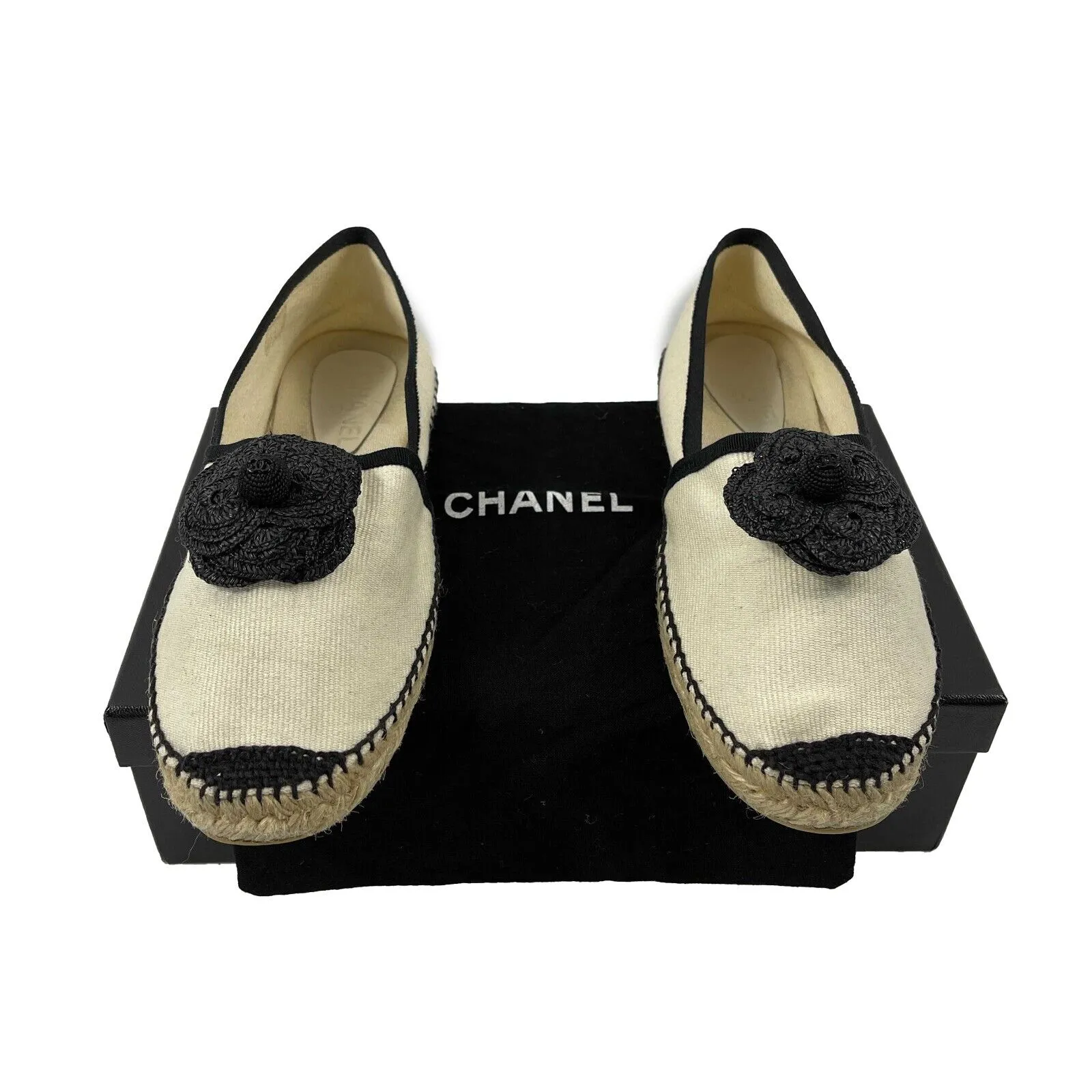 CHANEL - 10B Camellia Flower Espadrilles - Ivory, Black - 37- US 7