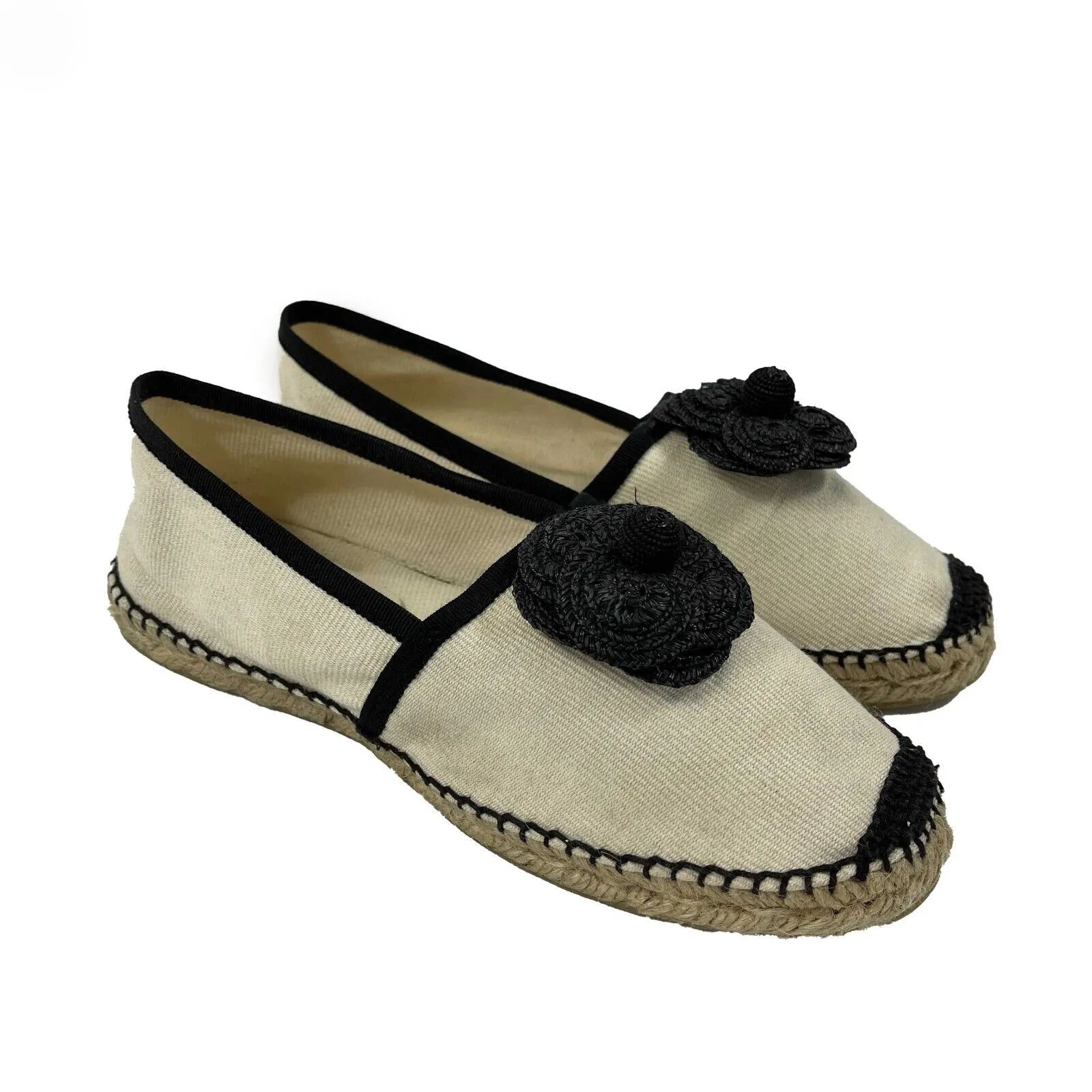 CHANEL - 10B Camellia Flower Espadrilles - Ivory, Black - 37- US 7