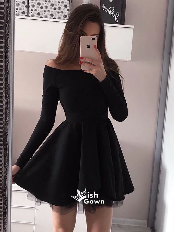 Chic Long Sleeve Black Off Shoulder Simple A-line Short Homecoming Prom Dress, BD00200