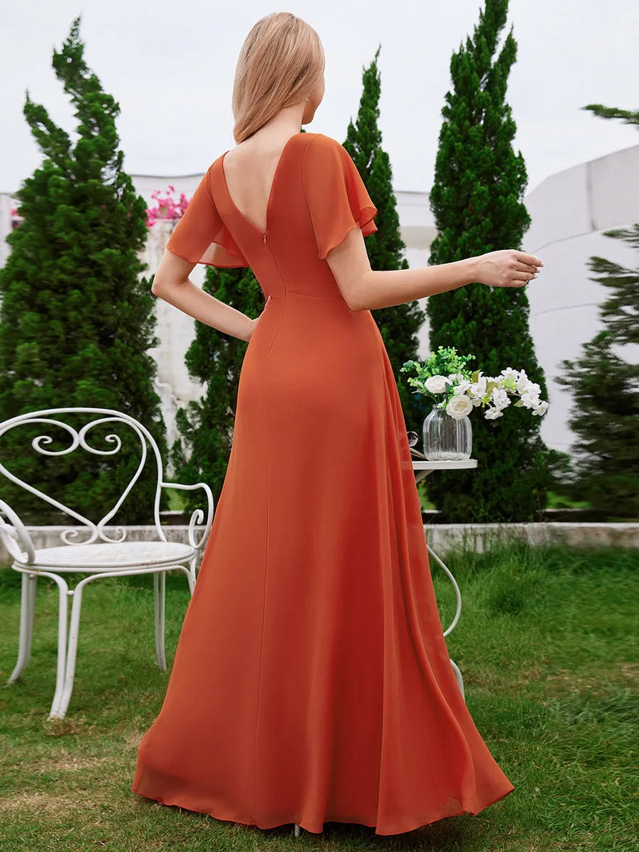 Chiffon Pleated Wholesale Bridesmaid Dress with Ruffle Short Sleeves