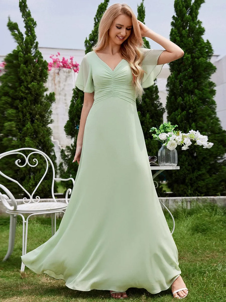 Chiffon Pleated Wholesale Bridesmaid Dress with Ruffle Short Sleeves