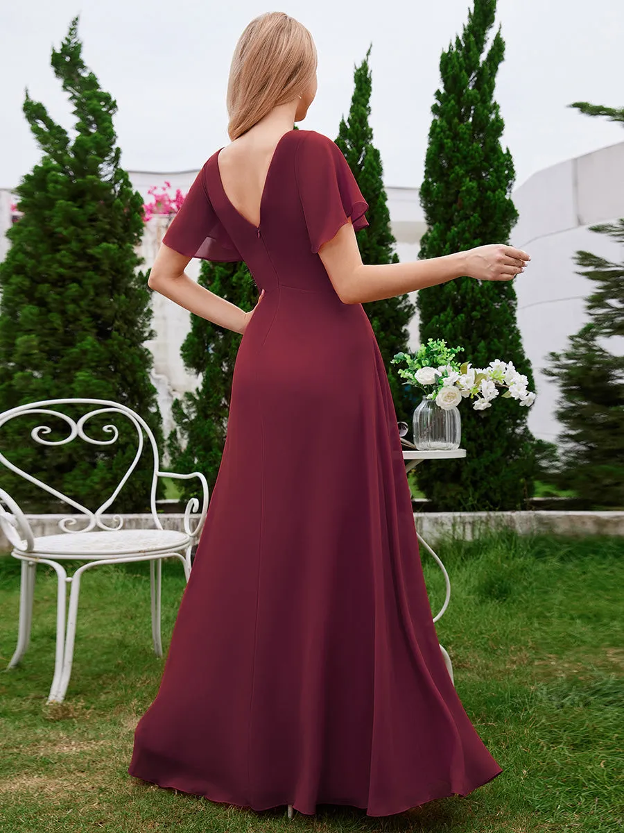 Chiffon Pleated Wholesale Bridesmaid Dress with Ruffle Short Sleeves