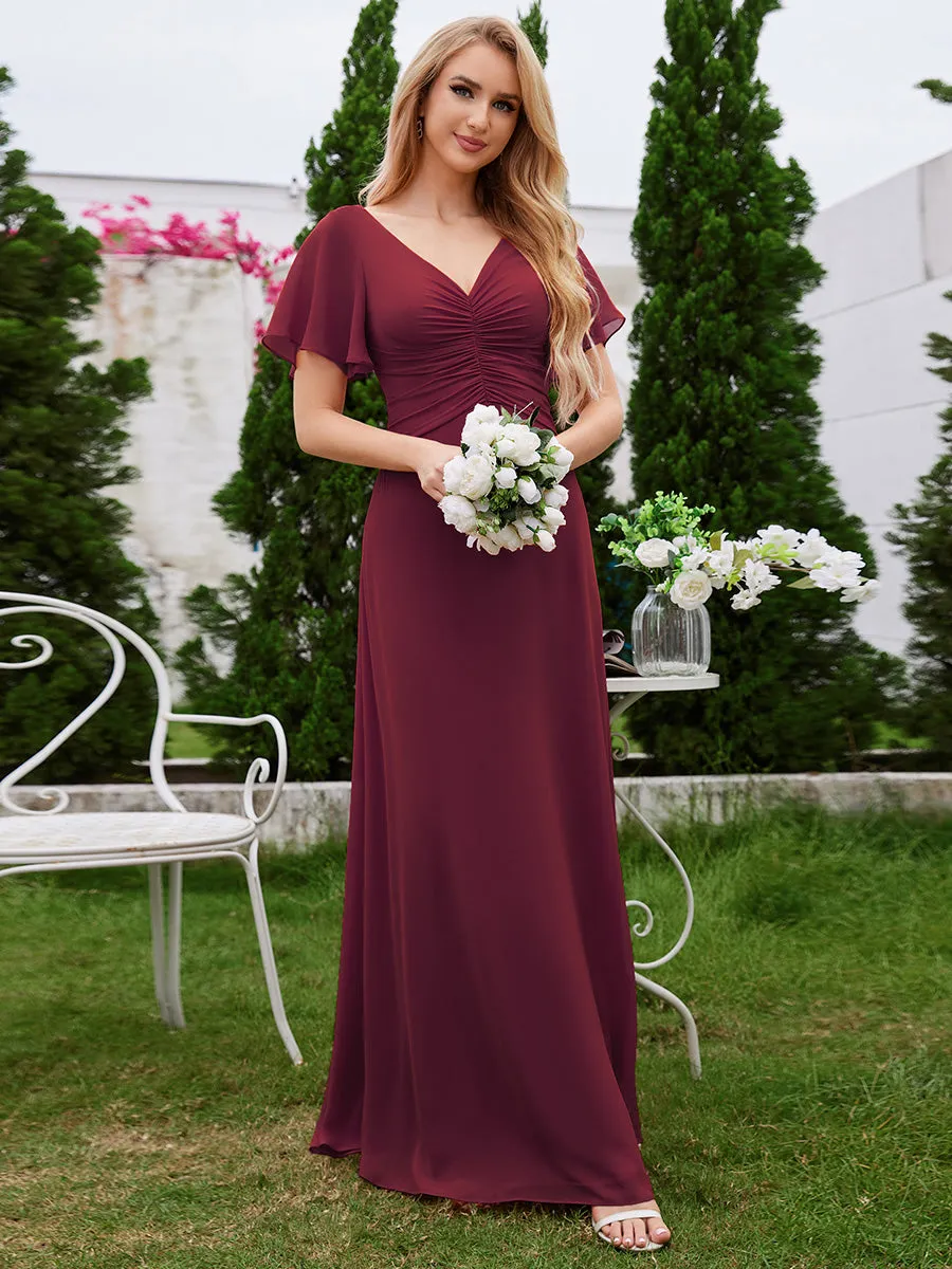 Chiffon Pleated Wholesale Bridesmaid Dress with Ruffle Short Sleeves