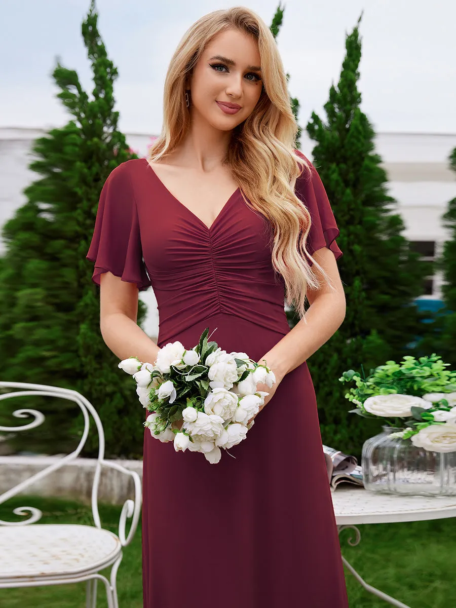 Chiffon Pleated Wholesale Bridesmaid Dress with Ruffle Short Sleeves