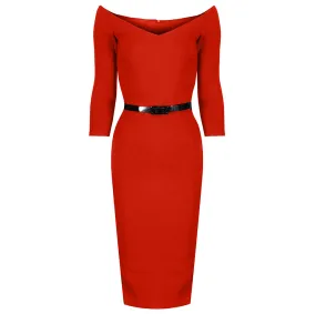 Cinnamon Orange Wide V Neck 3/4 Sleeve Belted Bodycon Pencil Dress