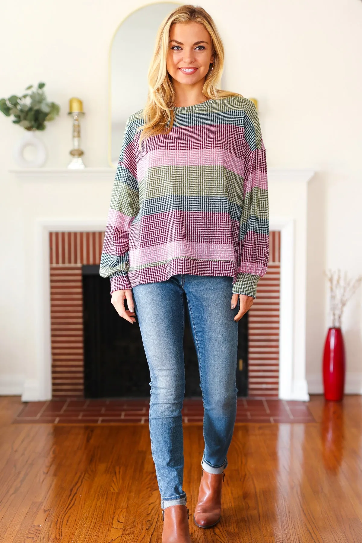 Classic Chic Olive & Burgundy Striped Textured Knit Top