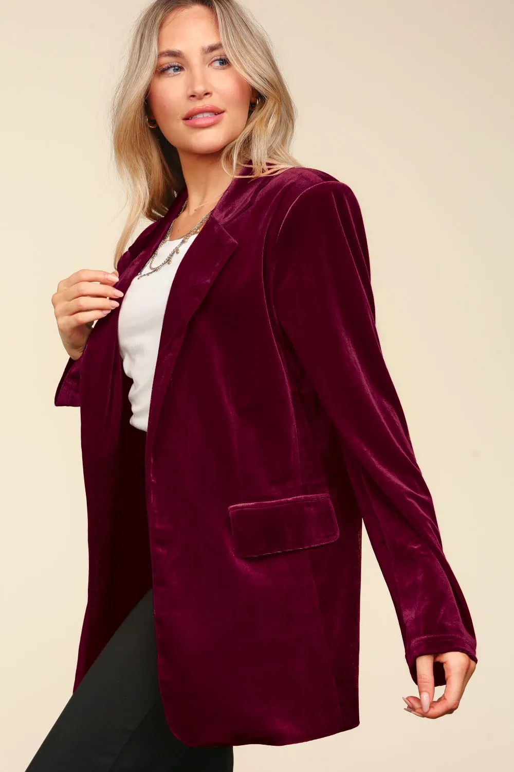 COLLAR AND LAPEL SOLID VELVET BLAZER JACKET