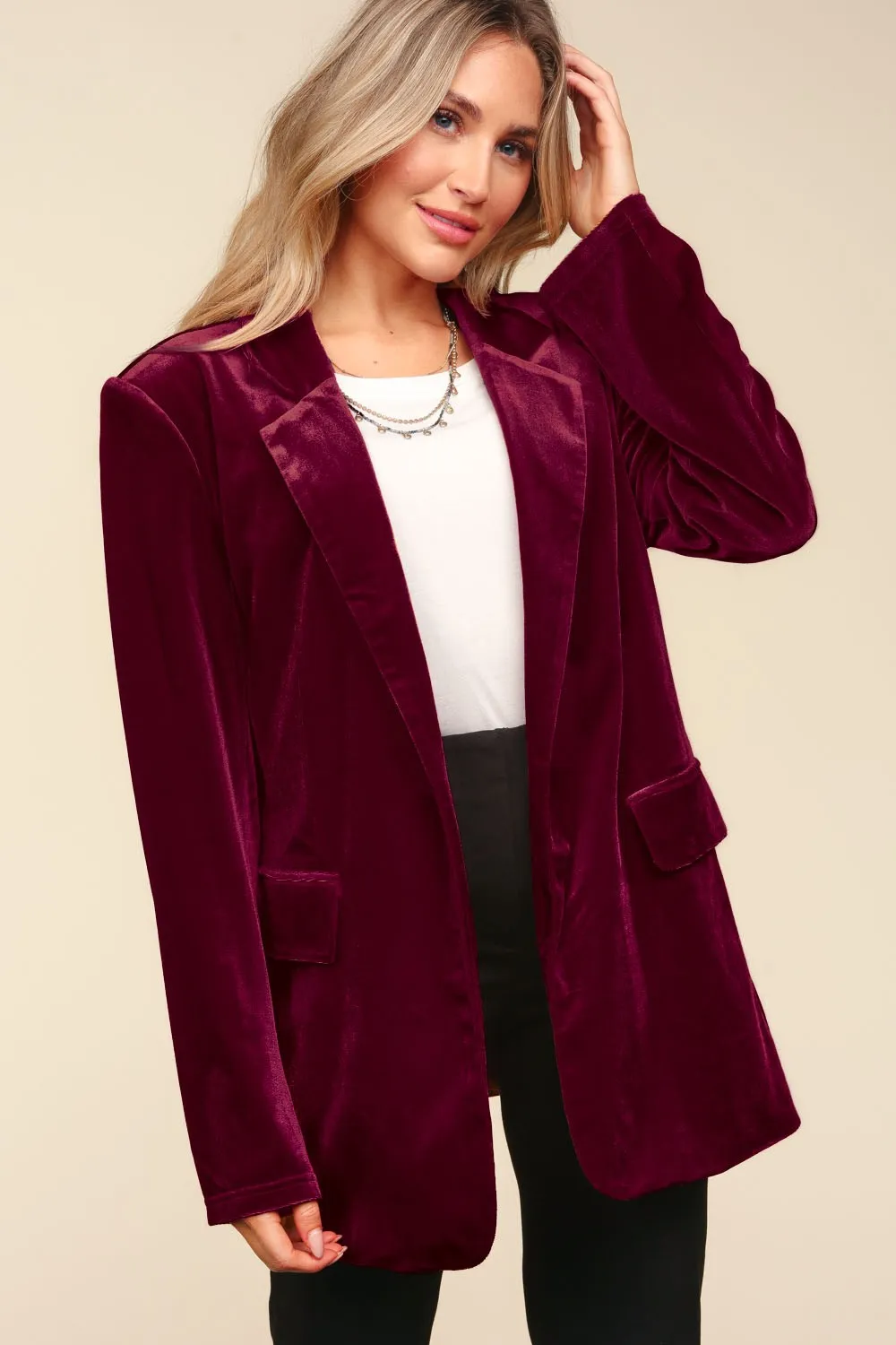 COLLAR AND LAPEL SOLID VELVET BLAZER JACKET