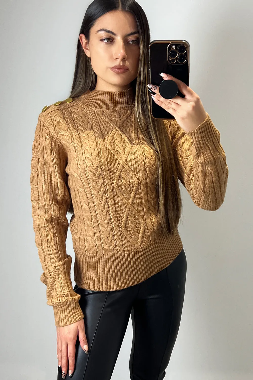 Coriana Camel Button Detail Cable Knit Jumper