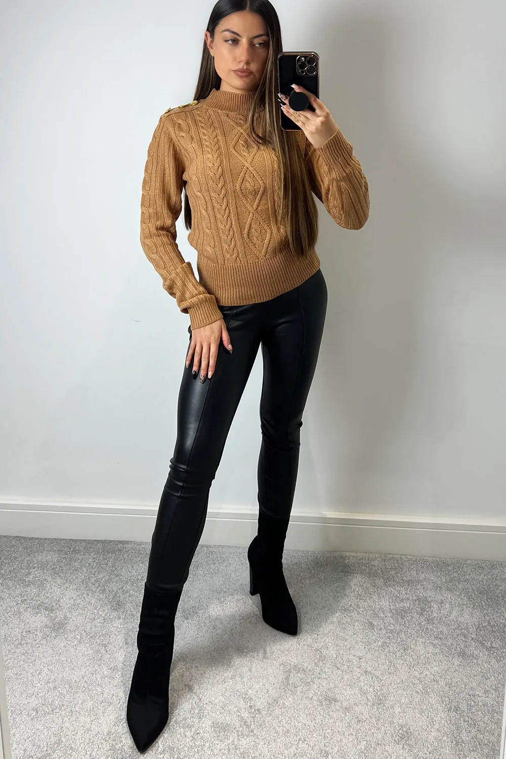 Coriana Camel Button Detail Cable Knit Jumper