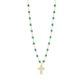 Cross Charm Classic Gigi Emerald diamond necklace, Yellow Gold, 16.5"