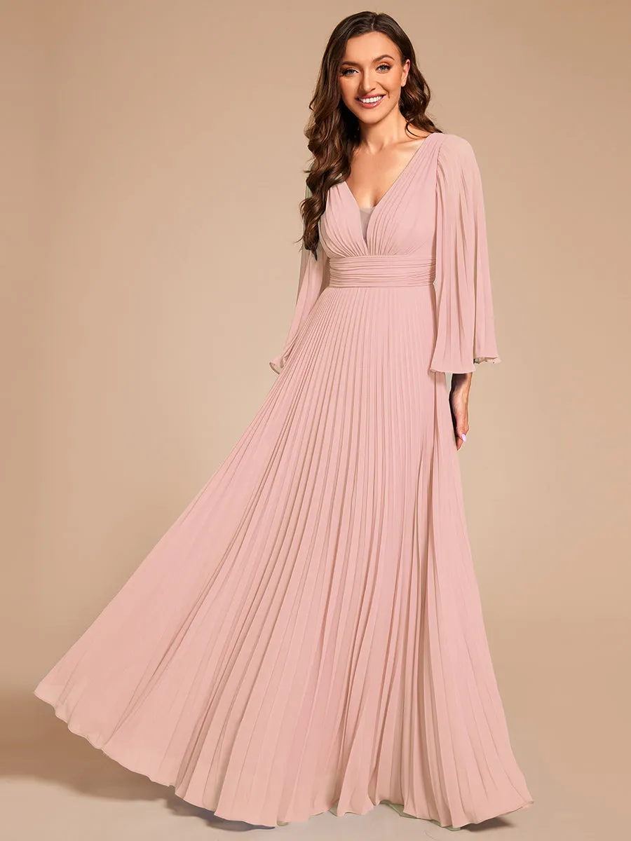 Custom Size Deep V-neck A-line Ruffles Sleeves Floor Length Chiffon Evening Dress