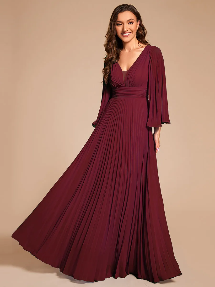 Custom Size Deep V-neck A-line Ruffles Sleeves Floor Length Chiffon Evening Dress