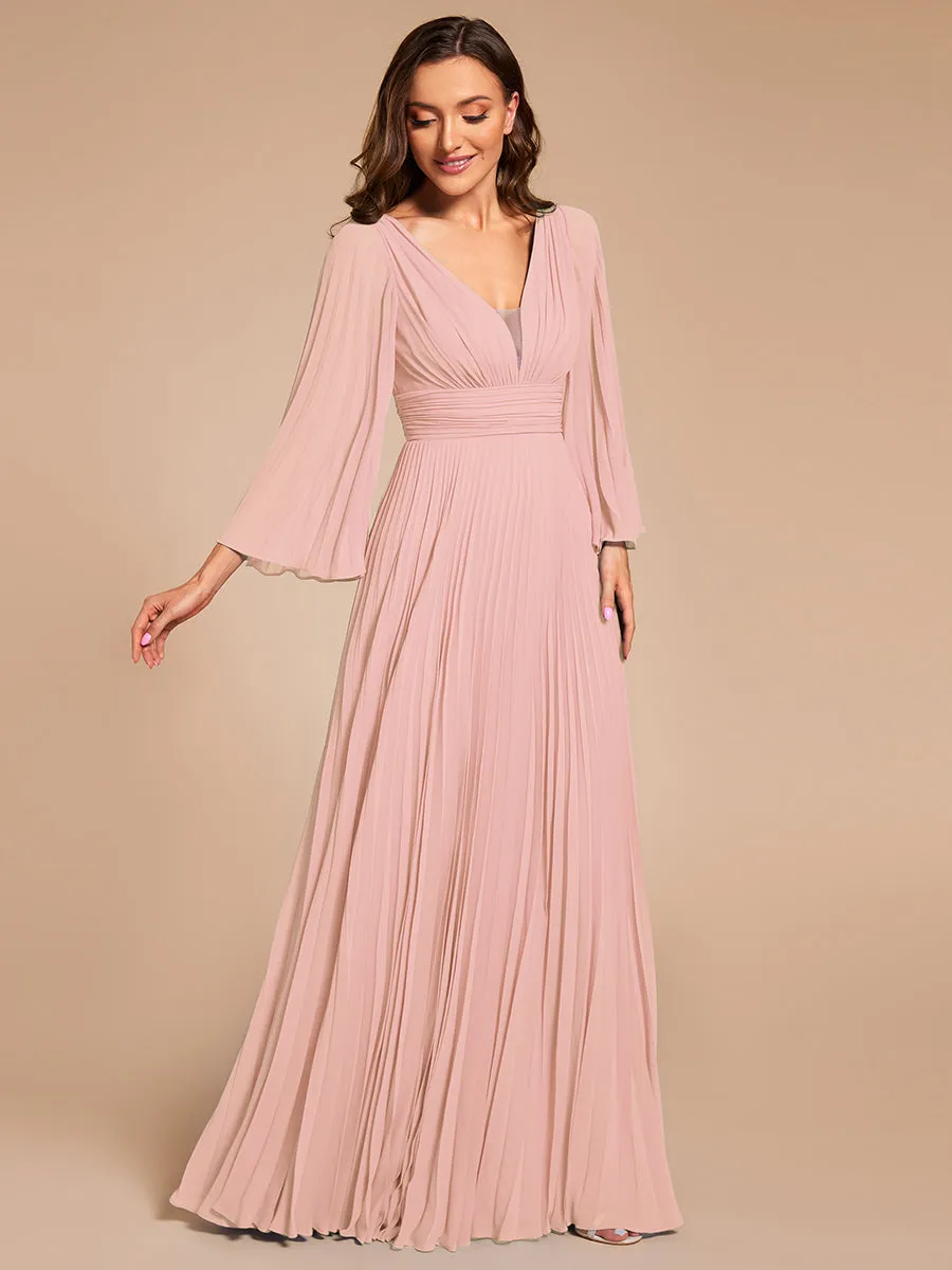 Custom Size Deep V-neck A-line Ruffles Sleeves Floor Length Chiffon Evening Dress