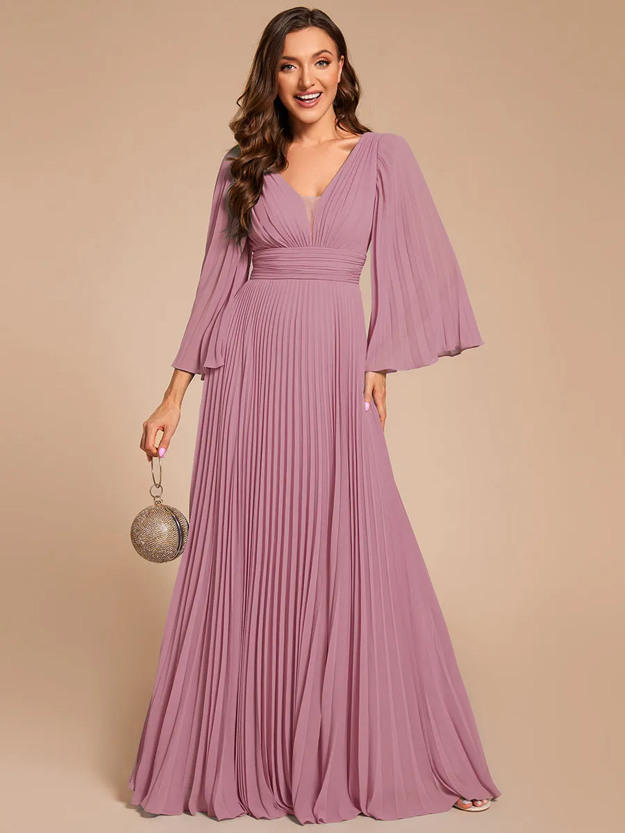 Custom Size Deep V-neck A-line Ruffles Sleeves Floor Length Chiffon Evening Dress