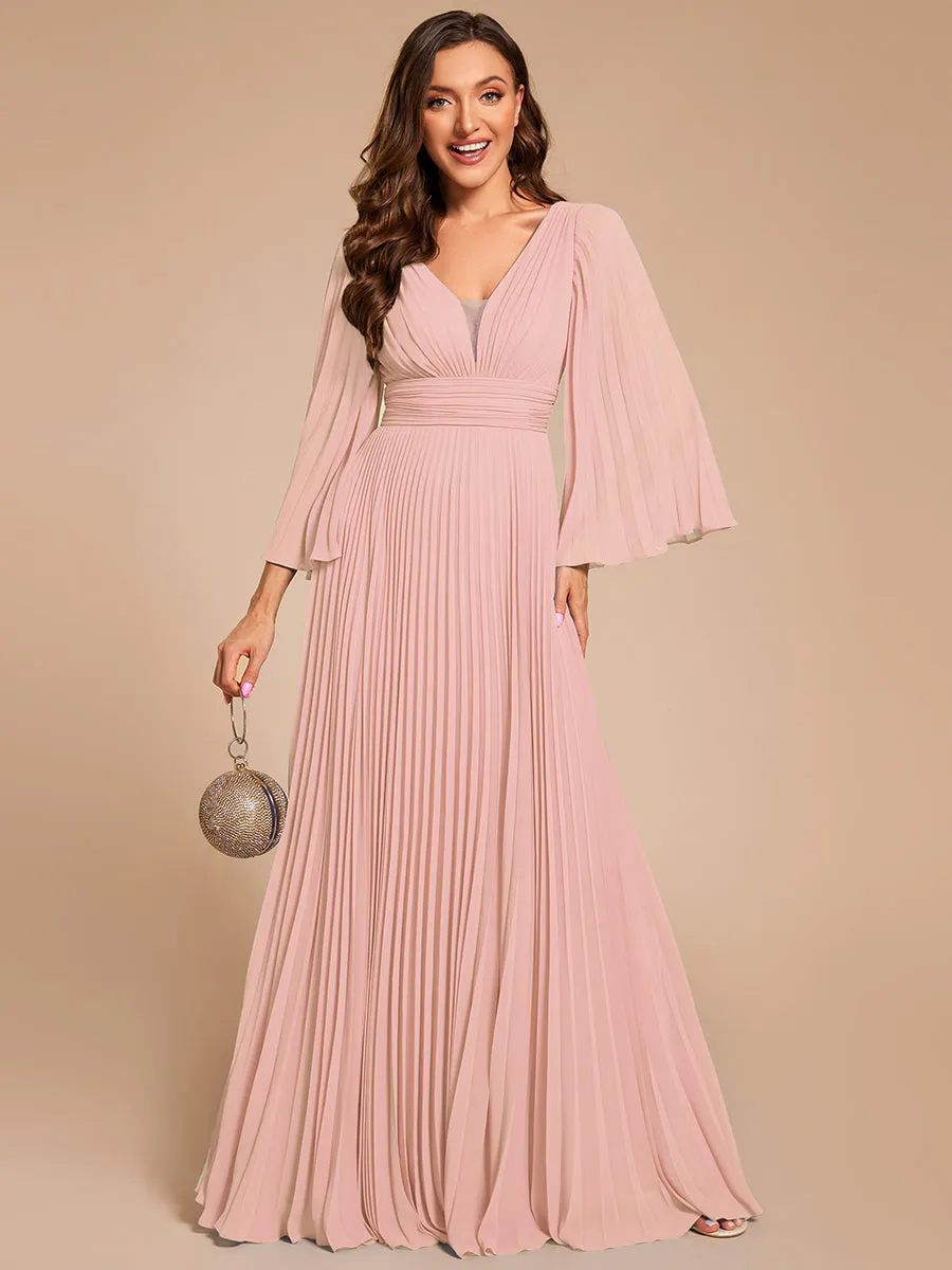 Custom Size Deep V-neck A-line Ruffles Sleeves Floor Length Chiffon Evening Dress