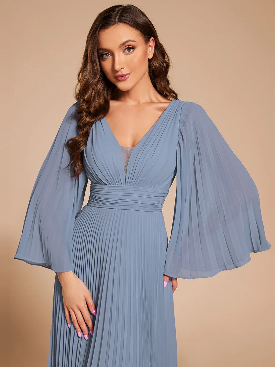 Custom Size Deep V-neck A-line Ruffles Sleeves Floor Length Chiffon Evening Dress