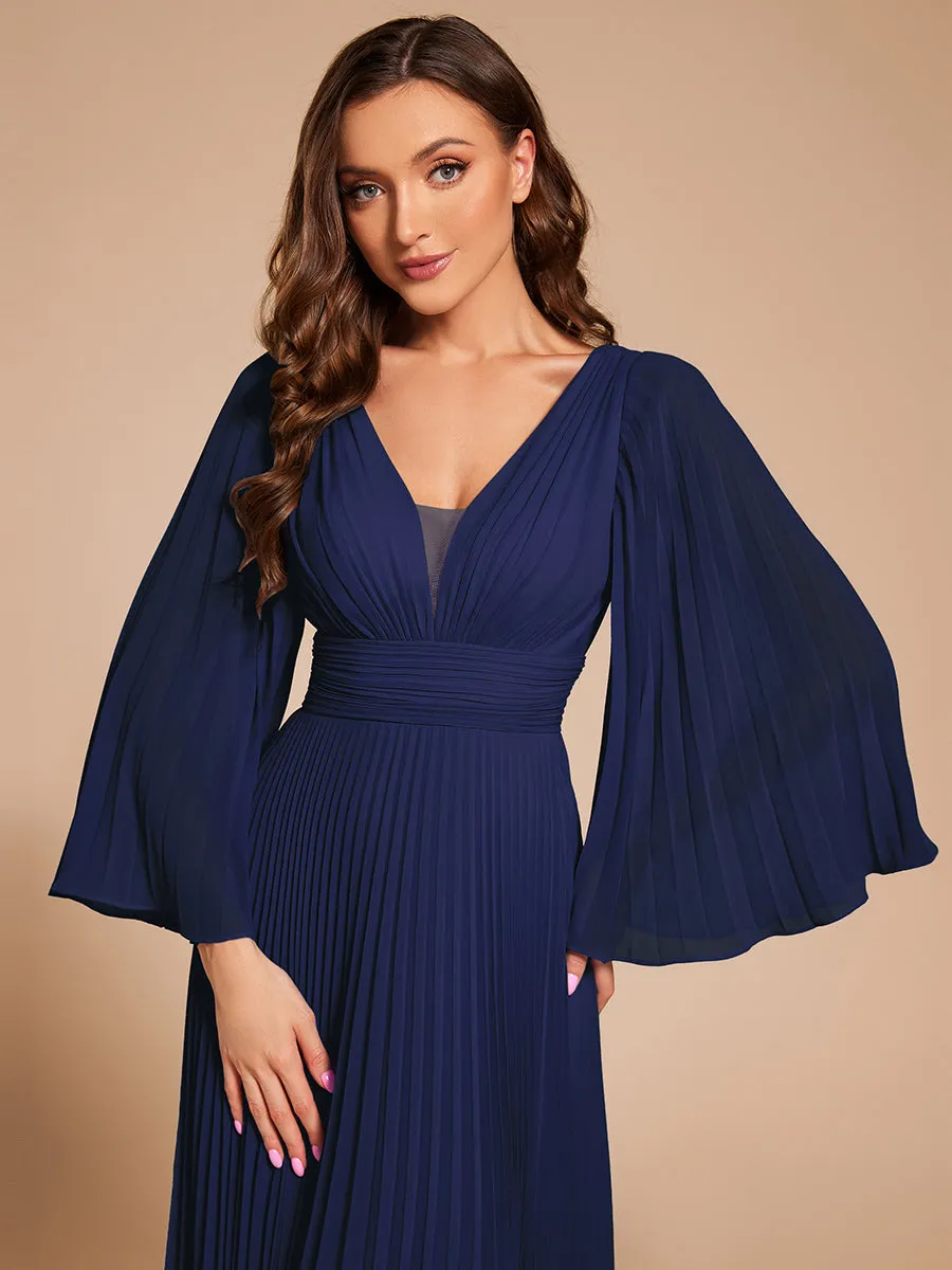 Custom Size Deep V-neck A-line Ruffles Sleeves Floor Length Chiffon Evening Dress