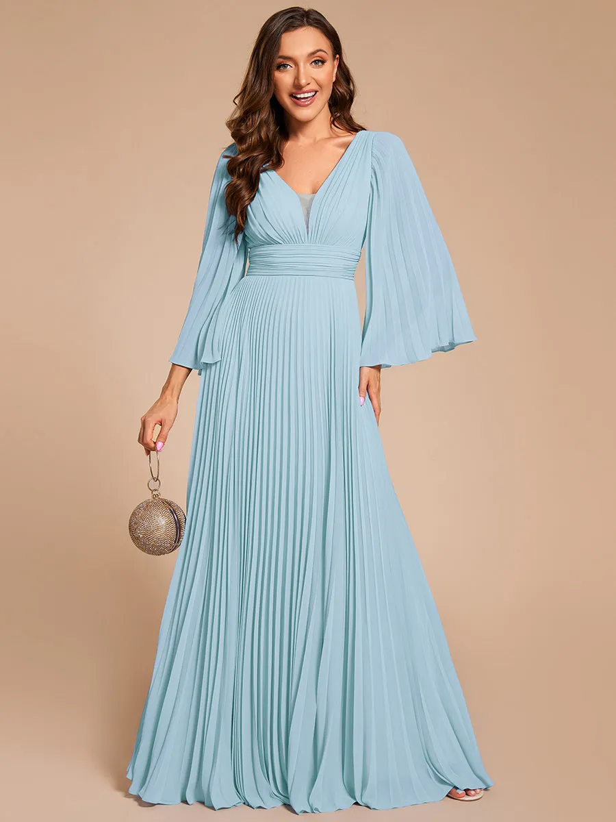 Custom Size Deep V-neck A-line Ruffles Sleeves Floor Length Chiffon Evening Dress