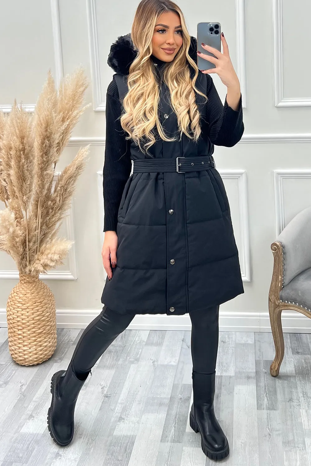 Danika Black Faux Fur Hood Belted Padded Longline Gilet