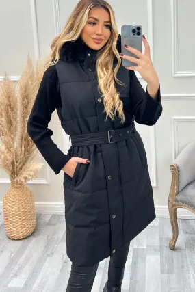 Danika Black Faux Fur Hood Belted Padded Longline Gilet