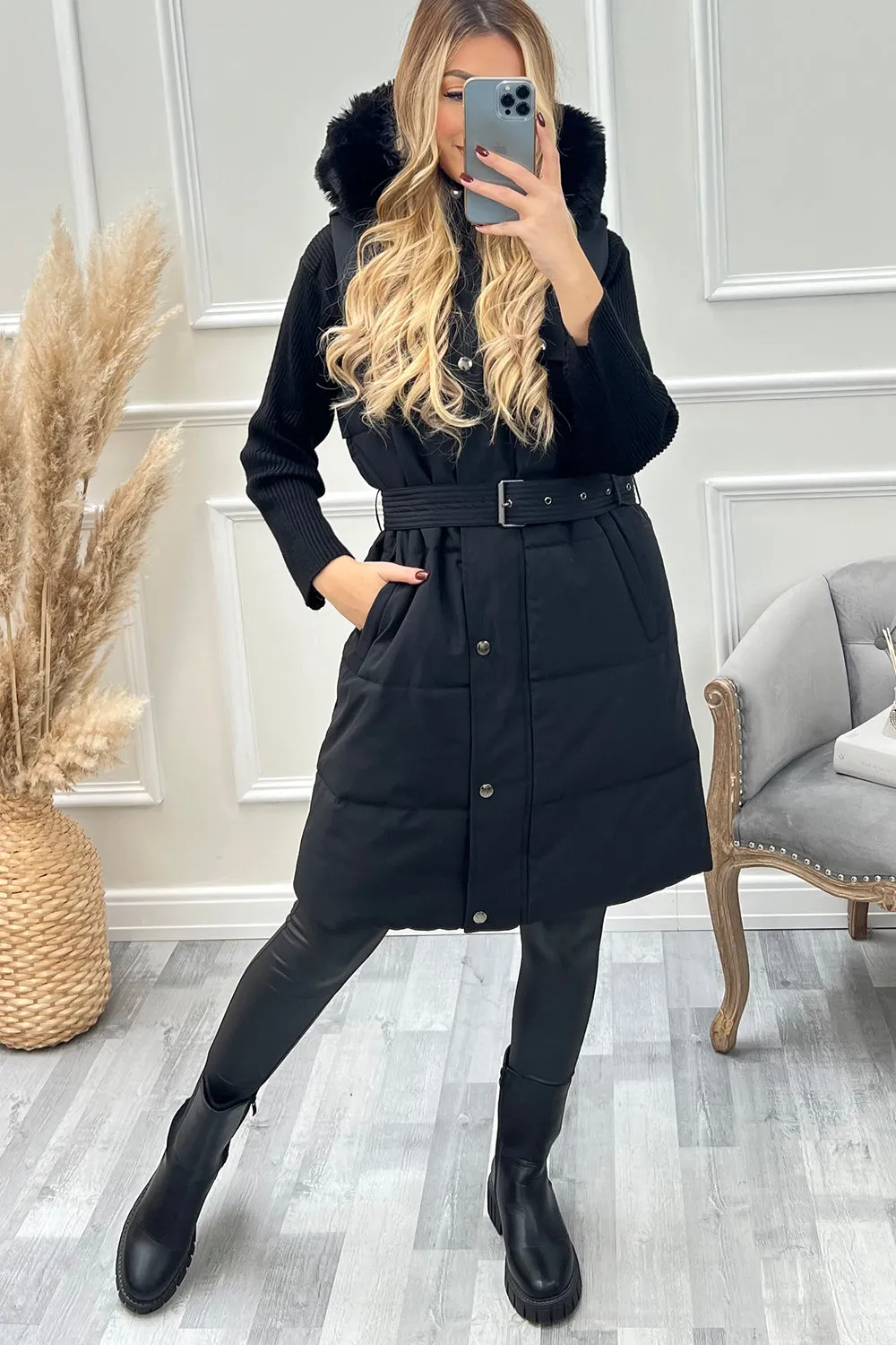 Danika Black Faux Fur Hood Belted Padded Longline Gilet