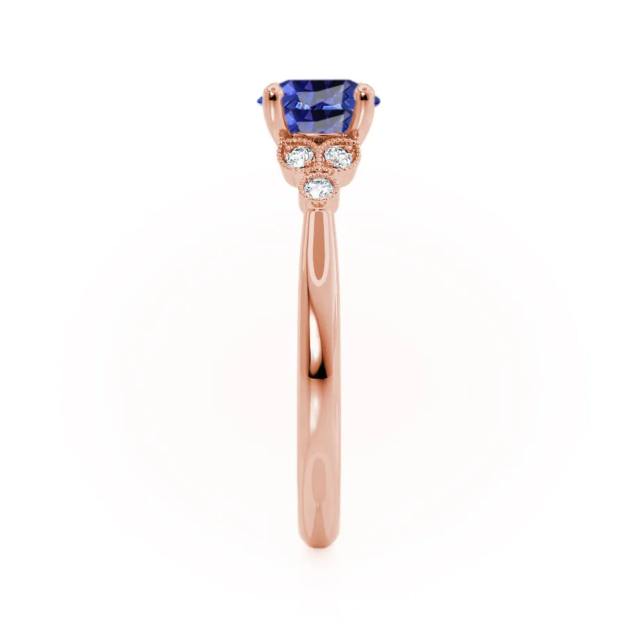 DELILAH - Chatham® Round Blue Sapphire 18k Rose Gold Shoulder Set Ring